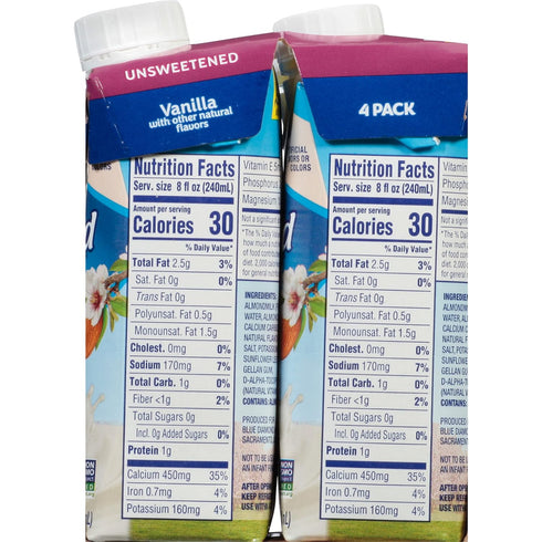 8 Pack 4 Almond Breeze, Dairy Free Almondmilk, Unsweetened Vanilla, Ounce