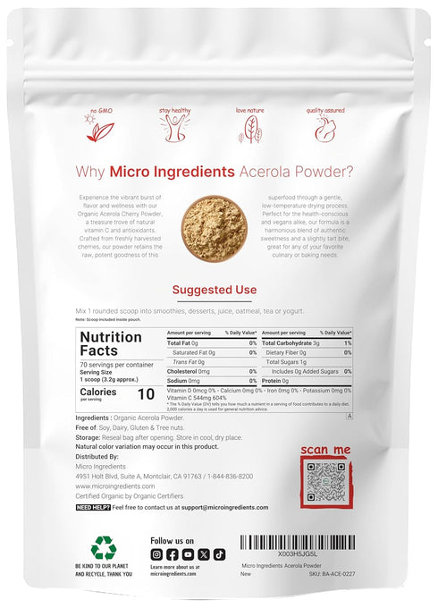 Organic Acerola Powder, 8oz - Natural Vitamin C Superfood, No Sugar & Additives, Great for Drinks & Smoothies