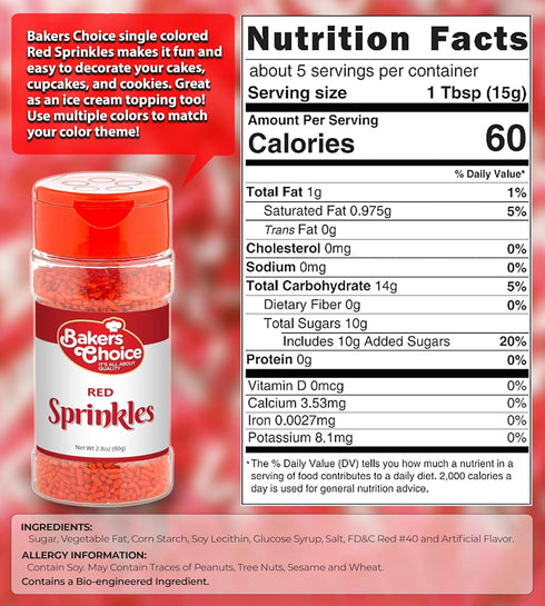 Bakers Choice Red Sprinkles for Baking, Jimmies Sprinkles for Ice Cream Toppings, Dairy Free, Kosher 2.8 oz