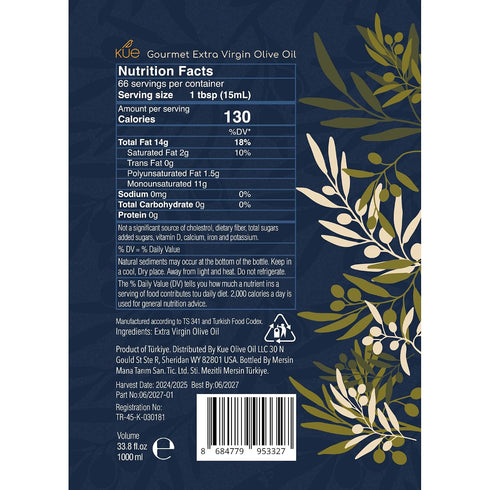33.8 Oz. Kue Gourmet Extra Virgin Olive Oil Cold Pressed - Mediterranean Olive Oil - EVOO - Aceite de Oliva Extra
