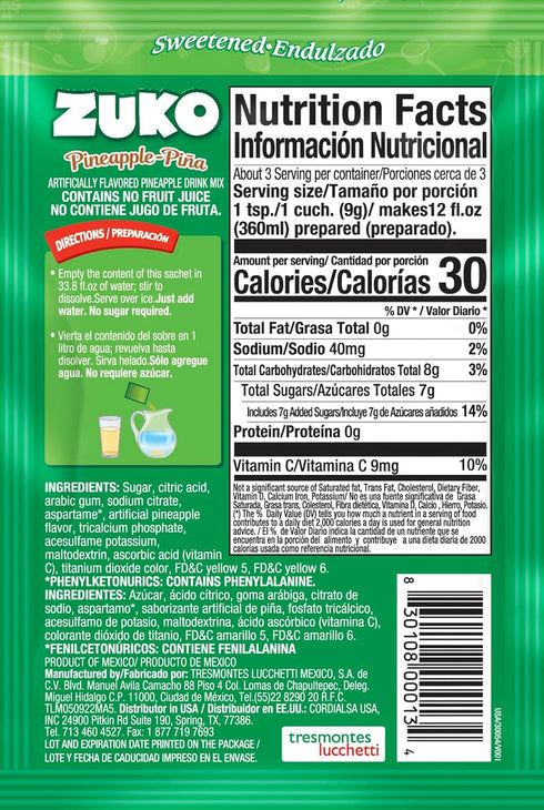 48 Packets Zuko Pineapple Powdered Drink Mix, No Added Sugar Needed, Ct Individual