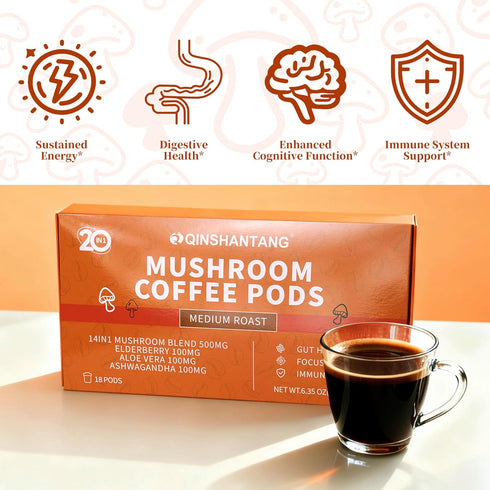 18 Count, 14 Immune Mushroom Coffee K Cup, Ground Arabica Coffee Powder, Mushrooms Supplement, Ashwagandha, Elderberry