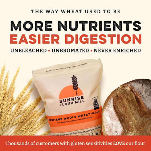 2 lbs Sunrise Flour Mill Organic Heritage Whole Wheat Flour - | Easier to Digest with Less Bloating | No Bleaching