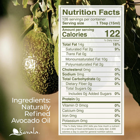 128 Oz (Pack 1) Kevala Avocado Oil Cold Pressed | NonGMO Project Verified & Kosher | Multipurpose for High Smoke Point