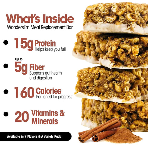 15g 20 (7ct) WonderSlim Meal Replacement Protein Bar, Cinnamon, Protein, Vitamins & Minerals, Gluten Free
