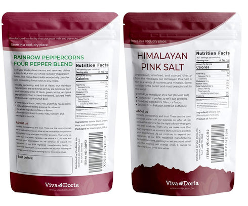 12 oz 2 lb 2-Set Pack Viva Doria Rainbow Peppercorns Blend & Himalayan Pink Salt, Coarse Grain, Steam Sterilized Mixed