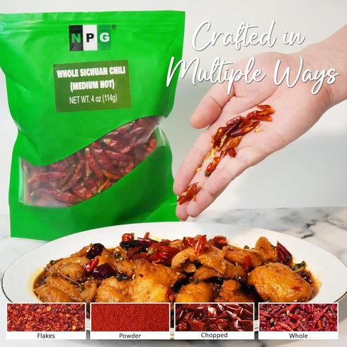 NPG Sichuan Red Chili Peppers, 4 Ounces Medium Hot Premium Dried Chilies for Chili Oil, Paste, and Sauce