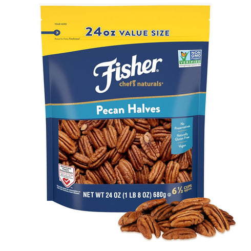 Fisher Chef's Naturals Pecan Halves 24 oz Resealable Bag, Unsalted Raw Nuts