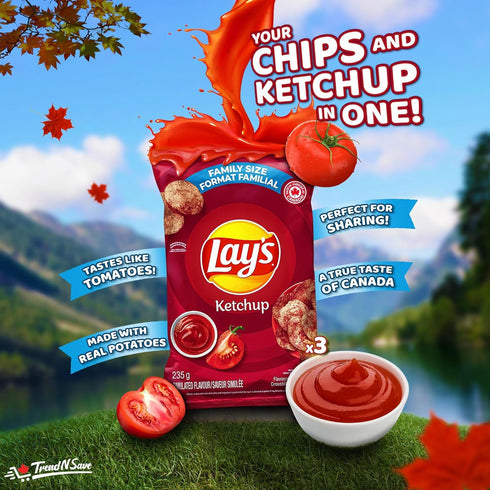 TRENDNSAVE 235g/8.28oz (Pack 4) Lay's Ketchup Potato Chips Family Bag; Canadian Chips; For Sharing; of Shipped from