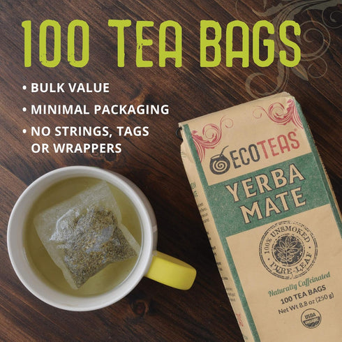 100 8.8 oz (Pack 1) ECOTEAS Premium Organic Yerba Mate Tea Bags Natural Energy & Detox Herbal Tea Coffee Alternative