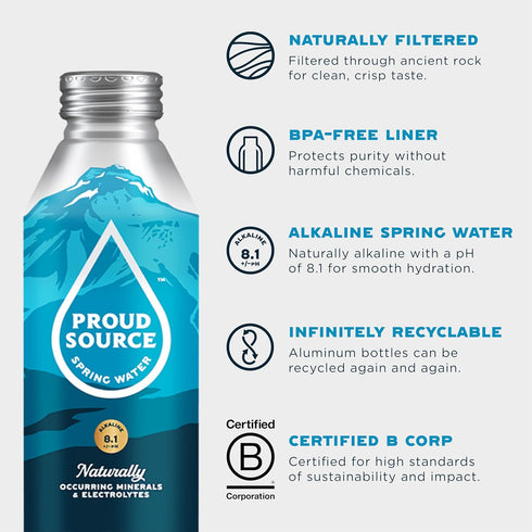 16 Oz (Pack 6) Proud Source Alkaline Spring Water - Rocky Mountain Sourced Mineral Water with Electrolytes, BPA-Free