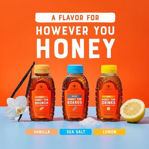 100% 12 oz Nate's Vanilla Honey for Brunch - Made with Pure Honey and Vanilla - Squeeze Bottle - Great for Pancakes