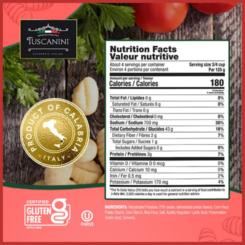 16oz (6 Pack) Tuscanini Gluten Free Potato Gnocchi, | Imported from Italy, Low Fat, Ready in Minutes