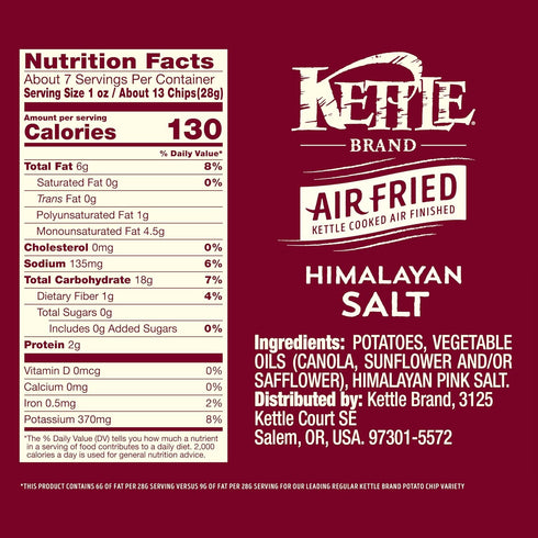 6.5 Oz Kettle Brand Potato Chips, Air Fried Himalayan Salt Kettle Chips, Bag