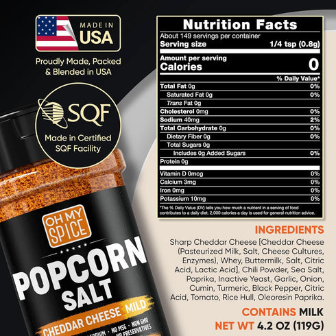 Popcorn Seasoning Cheddar Cheese Powder Mix, Gluten Free & Low Sodium Nacho Cheese Flavor, 4.2oz