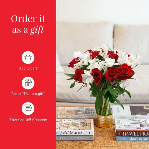 BloomsyBox Forever Blooming Bouquet Fresh Red Roses & White Alstroemeria (Glass Vase Included) Fresh Flowers