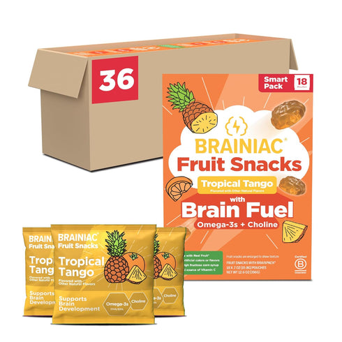 Brainiac Fruit Snacks, Tropical Tango, Brain Boosting Patented BrainPack Ingredients with Omega-3s