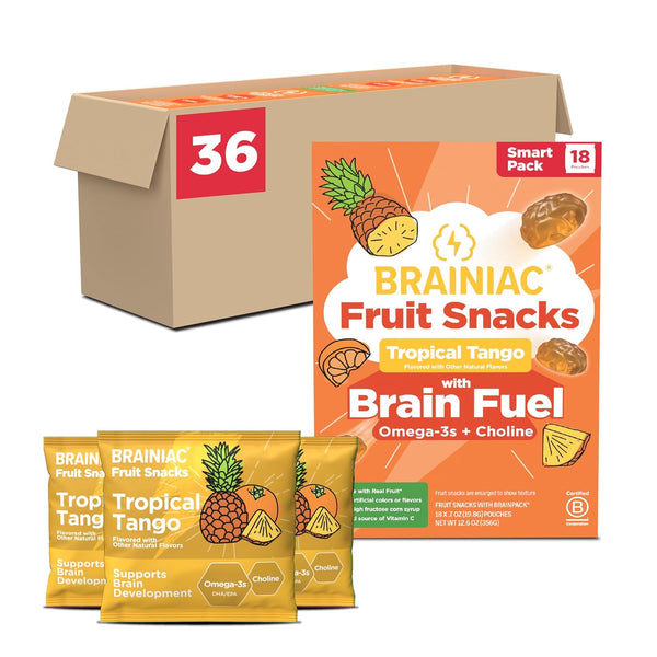 Brainiac Fruit Snacks, Tropical Tango, Brain Boosting Patented BrainPack Ingredients with Omega-3s