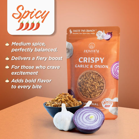 3.5 Oz., Homtiem Crispy Garlic & Onion : Original Spicy Medium Spice, Versatile Seasoning, All-Natural, Non-GMO, Vegan