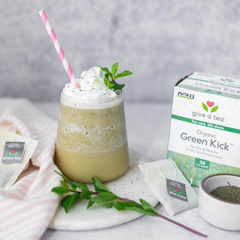24-Count NOW Foods, Certified Organic Green Kick Tea, with Polyphenols, Premium Unbleached Tea Bags with No-Staples