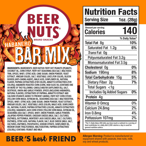 '-32oz BEER NUTS Habanero Hot Bar Mix - Party Size Fiery Snack Food - Salty Spicy Roasted Peanuts, Cajun Sesame Sticks