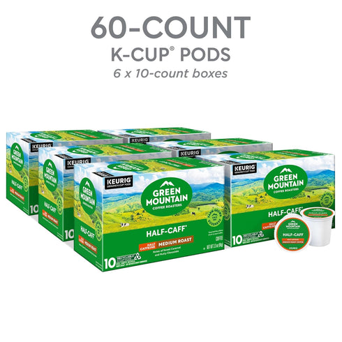 60 Count, (6 Packs 10) Green Mountain Coffee Roasters Half Caff, Keurig Single Serve K-Cup Pods, Medium Roast Coffee