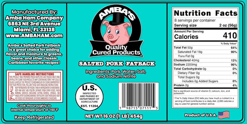 Amba's Quality Cured Products 16oz (1lb) Packed Salted Pork Fatback (Skin On), Net Weight Vacuum Bag, Used