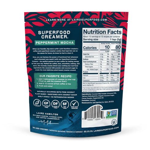 Laird Superfood Non-Dairy Original Superfood Peppermint Mocha Coconut Powder Coffee Creamer, 8 oz. Bag, Gluten Free