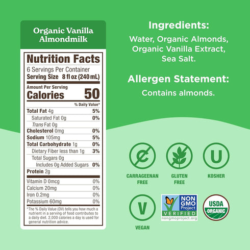 48 Oz, Califia Farms - Organic Vanilla Almond Milk, Dairy Free, Vegan, Plant Based, Organic Milk, Non GMO, Low Calorie