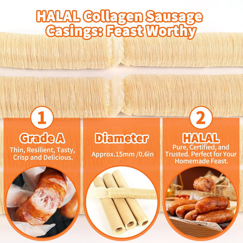 19mm 15m/49ft,1 HAIKISS Collagen Sausage Casing,HALAL Edible Drying Sausage Casings for Hot Dog,Breakfast Sausage