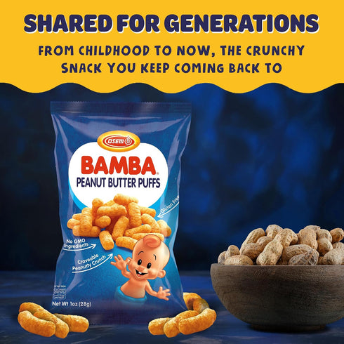 1.0oz (Pack 24) Osem Bamba Peanut Butter Snacks All Natural Peanut Butter PB Corn Puffs, Bag