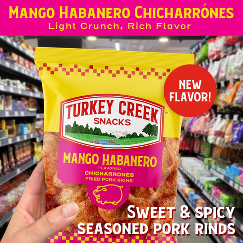 2oz (Pack 12) Turkey Creek Mango Habanero Chicharrones, Fried Pork Rinds - Mango Habanero Sweet & Spicy Flavored Pork