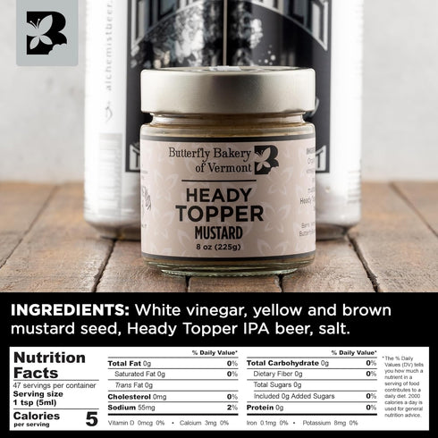 8 oz Butterfly Bakery of Vermont - Heady Topper Mustard - Bold, Gourmet Beer-Infused Mustard Made with Organic Yellow