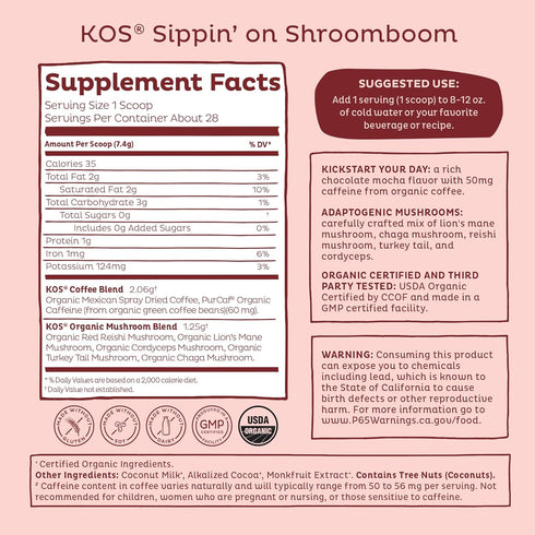 KOS Mushroom Coffee - USDA Certified Organic - Dark Chocolate Mocha Flavor - Mushroom Coffee Latte Powder with Reishi