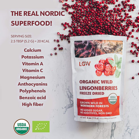 100% 4oz (34 Organic Whole Lingonberries Freeze-Dried Wild Nordic Superberry, Traditional ScandinavianSwedish Food