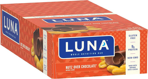 LUNA Bar - Gluten-Free Nutz Over Chocolate Flavor - 7-9g Protein - 1.69 oz. (15 Count) - Made with Organic Oats
