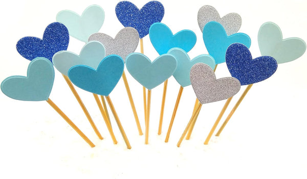 Cupcake Toppers 30Pcs Set, GUCUJI Funny Blue Heart DIY Glitter Mini Birthday Cake Decorations for Party