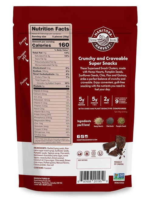 4.6oz 5g 2g 5g 3 6 30g 6-in-1 Manitoba Harvest Superseed Snack Clusters, Dark Chocolate - - Plant Protein, Fiber, Omega