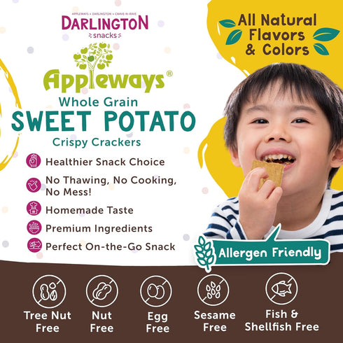 Pack 4 (20 oz Appleways Sweet Potato Crackers, Bulk of Bags Each), All-Natural Whole Grain Crackers, Healthy Snack