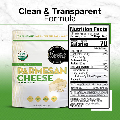 (7 (Pack 1), Healthier Comforts Organic Parmesan Cheese Powder, Kosher, Non-GMO, Chemical Free, Gluten Free, Keto