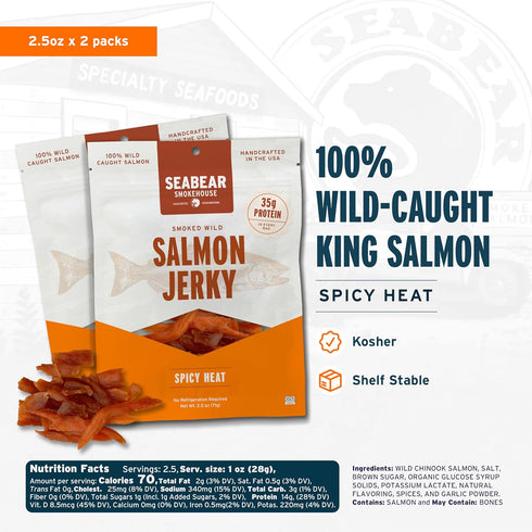 2-Pack 2.5 oz (Pack 2) SeaBear Spicy Heat Wild King Salmon Jerky Smoked Salmon Jerky, Wild-Caught Alaskan Salmon