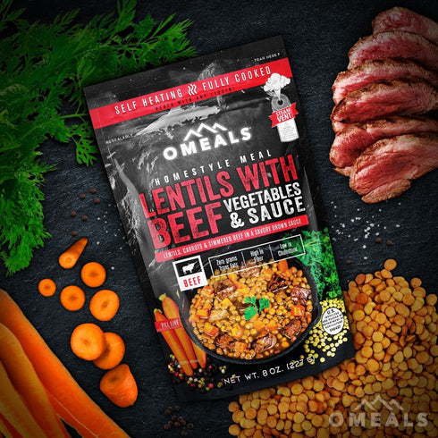 OMEALS Lentils with Beef MRE | Sustainable Premium Outdoor Food | Extended Shelf Life | Fully Cooked w/Heater | No