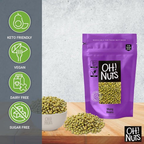 5lb Packed Pack Oh! Nuts Mung Beans Bulk Bag - Great Beans for Sprouting Dried Kosher Moong Dal - Vegan, Paleo, Long