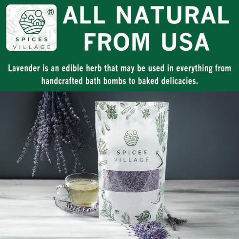 SPICES VILLAGE Lavender - 2 oz Dried Lavender Buds for Food, Herbal Tea, Potpourri, Wedding Confetti, Kosher, Gluten