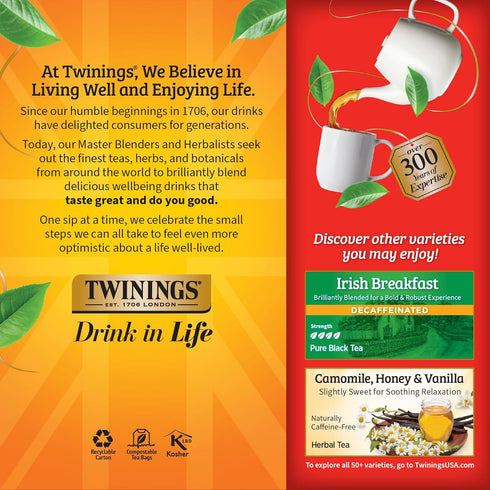 25 Count (Pack 6), 150 Twinings Decaffeinated English Breakfast Black Tea Individually Wrapped Bags, of Flavourful