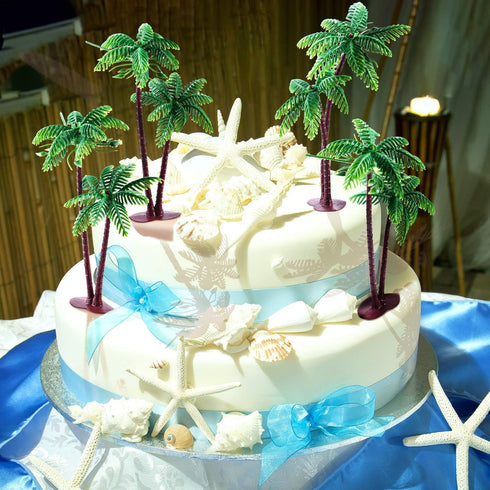 Jovitec 16 Pieces Small Green Palm Tree Cake Topper, 5.5 Inch Hawaiian Tropical Coconut Tree Decorations