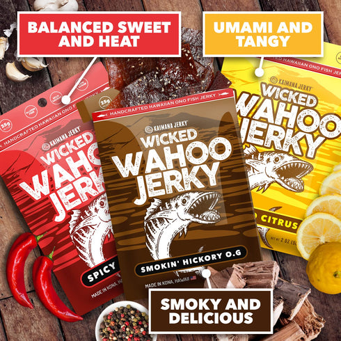 Pack Omega-3 2oz (3-Pack) Wahoo Ono Fish Jerky Variety - Smokin' Hickory O.G, Island Citrus & Spicy Chili - Organic