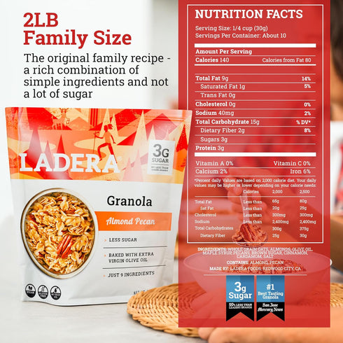 2 LB Ladera Almond Pecan Granola - Low Sugar Artisanal Breakfast Cereal, Gluten Free & Vegan, Honest Ingredients