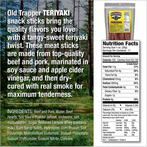 17-Ounce 9 150 (Pack Old Trapper Teriyaki Snack Sticks, Resealable Bag, Natural Wood Smoked Meat Sticks, Grams