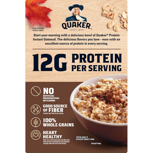 12g 2.11 oz Packets, (6 Pack) Quaker Protein Instant Oatmeal, Maple Brown Sugar, Protein per Serving, Whole Grains, No